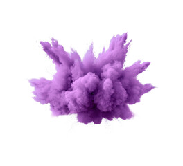 Naklejka premium Dynamic explosion of purple powder creating a vibrant cloud in mid-air on transparent background