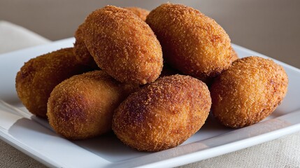 Golden brown, deep fried snacks on a white plate. Savory treat with a crispy outer layer and a soft, delicious filling. Yum!