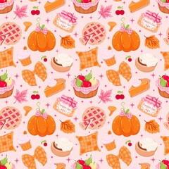 Cozy Autumn Seamless Pattern with Pumpkin Pie, Bows and Fall Desserts