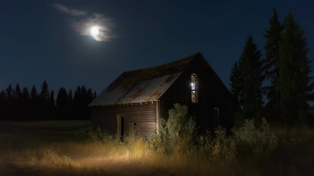 A field with a full moon illuminates a spooky old barn at night. 