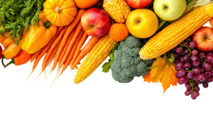 Assortment of fresh autumn vegetables and fruits isolated on transparent background