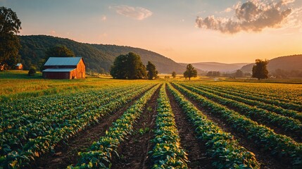 Scenic farmland with a barn, set against a backdrop of rolling hills and a tranquil sunset. Rows of crops stretch toward the horizon.