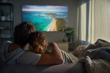 Naklejka premium Young couple embracing watching television on a cozy couch