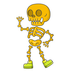 Cute Golden Skeleton Cartoon with Green Shoes – Funny Bone Character Flat Vector