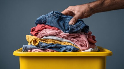 Overflowing with fresh Laundry: A pile of vibrant clothes, fresh from the machine, waiting to be sorted in a yellow bin. Home chores concept.