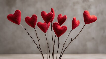Heartfelt Bouquet: A whimsical arrangement of red felt hearts perched atop delicate twigs, creating a charming Valentine's Day or love-themed decoration.