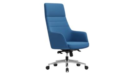 Isolated office chair modern design. Blue swivel armrest seat on rolling base, work furniture