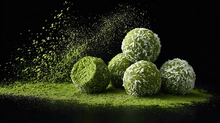 Matcha Bliss: Green energy balls coated in coconut flakes, presented with matcha powder on a sleek black background. A healthy, delicious treat.