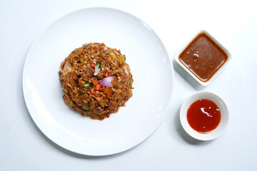 Sri Lankan Street Food Kottu Roti Plate on White Background. food photography