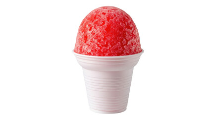 Isolated sweet red shaved ice in white cup on summer day, frozen treat, refreshing snack