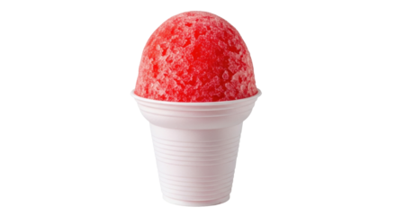 Isolated sweet red shaved ice in white cup on summer day, frozen treat, refreshing snack