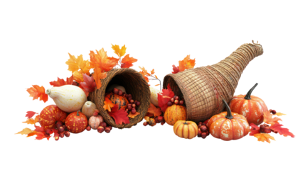 Cornucopia filled with autumn harvest and fall leaves isolated on transparent background