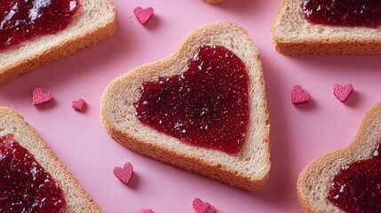 Heart-shaped toast with red jam, surrounded by small pink heart decorations, perfect for a sweet and lovely occasion.