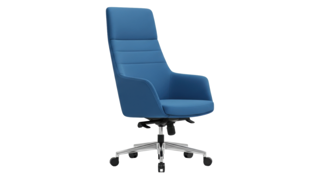 Isolated office chair modern design. Blue swivel armrest seat on rolling base, work furniture