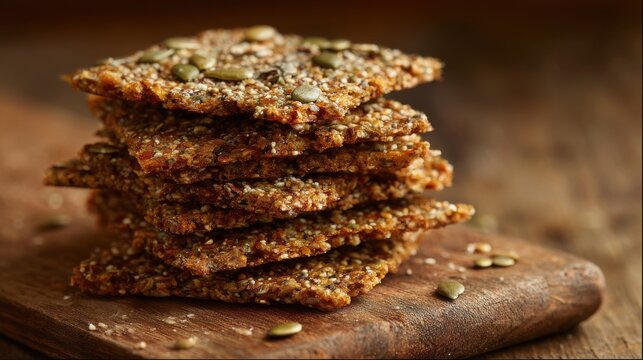 Stack of homemade seed crackers on a wooden board for healthy snacking.