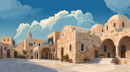 Tranquil depiction of a traditional Middle Eastern courtyard with stone buildings, arches, and domes under a partly cloudy blue sky. Warm tones.