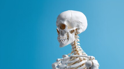 Anatomical Model on Cyan Backdrop: A detailed view of a human skeleton demonstrating skeletal structure, for educational, scientific, or decorative purposes.
