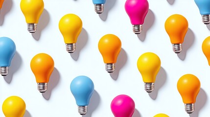 Colorful lightbulb pattern evokes creativity and innovation. Bright hues stand out against a white backdrop, symbolizing diverse ideas and inspiration.