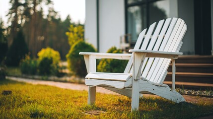 Relax in style with this classic white outdoor chair on a lush lawn near the house, inviting tranquility and relaxation. Garden sanctuary.