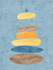 Modern abstract collage with watercolor and paper textures in calming blue and warm yellow colors. Minimalist balance stones illustration symbolizing harmony, mindfulness, and inner peace.