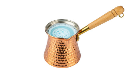 Isolated copper Turkish coffee pot filled with blue foamy liquid, wooden handle, brass fitting