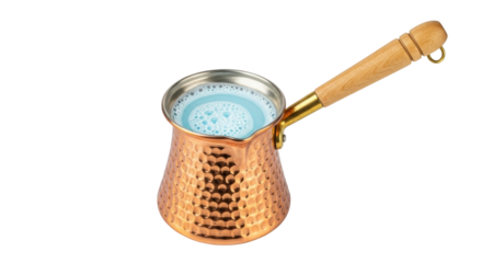 Isolated copper Turkish coffee pot filled with blue foamy liquid, wooden handle, brass fitting