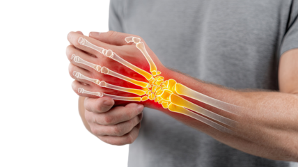 3d medical illustration of human body showing wrist joint pain with highlighted inflammation and muscle strain anatomy detail isolated on white background