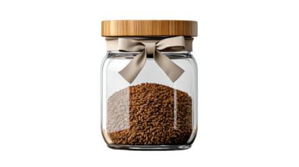 Cumin Seeds in Glass Jar with Wooden Lid and Bow on Transparent Background