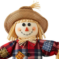 A close-up of a cheerful scarecrow doll with a straw hat, button eyes, and a colorful plaid shirt with patches. Isolated on transparent background, png