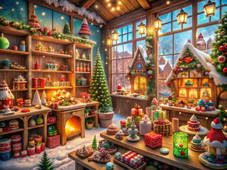 Fototapeta premium Cozy christmas workshop filled with holiday treats, gifts, and festive decorations