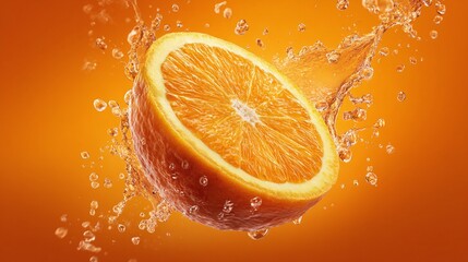 A vibrant close-up of a sliced orange, complete with refreshing juice droplets on a radiant orange background. A juicy delight!