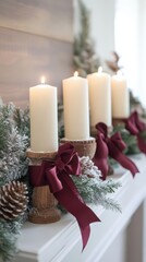 White candles decorated with burgundy bows on a shelf above a fireplace. Cozy Christmas home decoration with warm holiday atmosphere.