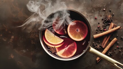 Top view of mulled wine in a small pot, cozy Christmas setup. Minimal festive holiday composition with warm colors.