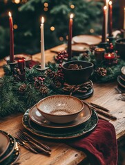 Cozy holiday table setting with burgundy napkins, lit candles, and fir branches. Warm festive décor for Christmas and winter celebrations.