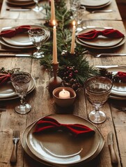 Festive table setting with burgundy napkins, candles, and fir branches. Cozy holiday atmosphere with elegant seasonal décor.