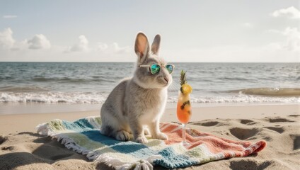 A rabbit in sunglasses relaxes on a beach towel next to a tropical drink