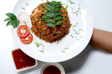 Authentic Sri Lankan Street Food Kottu on White Plate. food photography