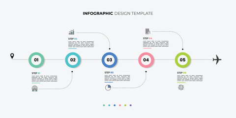 Modern Infographic design template. Timeline concept with 5 steps. Can be used for workflow layout, diagram, banner, webdesign. Journey infographic plane