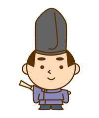 右手の扇子で指さしをする平安時代の貴族の男性イラスト　かわいい和風キャラクター素材