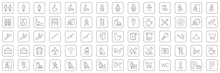 Public Facility And Service Icons Collection. Comprehensive Sign For Navigation, Accessibility and Amenities In Public Spaces. Editable Stroke. Isolated Vector Illustration © Toxa2x2