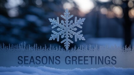 Magical winter holiday card with glittering snowflake design frosted seasons greetings text and dark glass background