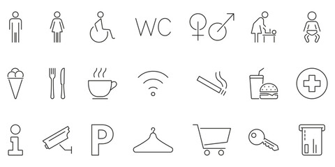 Universal Public Facility And Service Icons Set. Restroom, Accessibility, Dining, Wi-Fi and Shopping Outline Symbol Collection. Editable Stroke. Isolated Vector Illustration