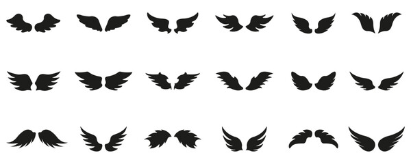 Wing Silhouette Icon Set. Angelic, Fantasy, And Mythical Wing Designs Silhouette Symbol Collection. Ideal For Tattoos and Graphic Design. Isolated Vector Illustration