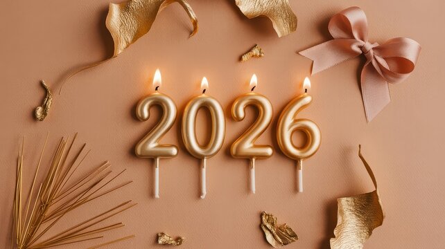 Matte gold 2026 candles with terracotta flatlay dried leaf flakes wheat straw and dusty pink ribbon accent