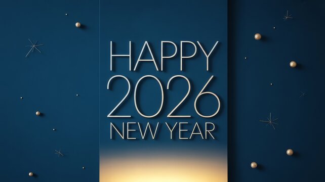 2026 new year card with pale gold gradient text subtle starburst glow on navy background