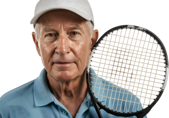 Close-up portrait of a senior man in a white cap and blue polo shirt, holding a tennis racket, looking directly at the camera. Isolated on transparent background, png