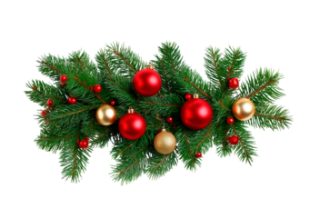 Festive christmas garland with red and gold ornaments on green pine branches on transparent background