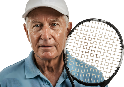 Close-up portrait of a senior man in a white cap and blue polo shirt, holding a tennis racket, looking directly at the camera. Isolated on transparent background, png