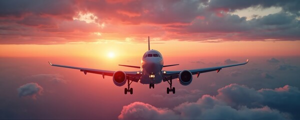 Large modern passenger jet aircraft flies through beautiful sky above clouds. Golden hour sun creates warm pink, orange light. Plane landing departing, representing global air travel, new journey,