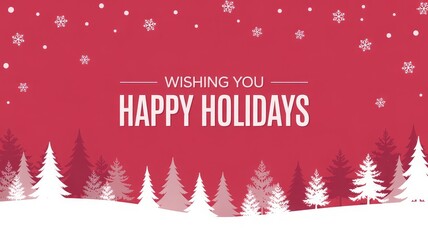 Red holiday card with bold greeting white snowflakes forest tree silhouettes in modern winter layout